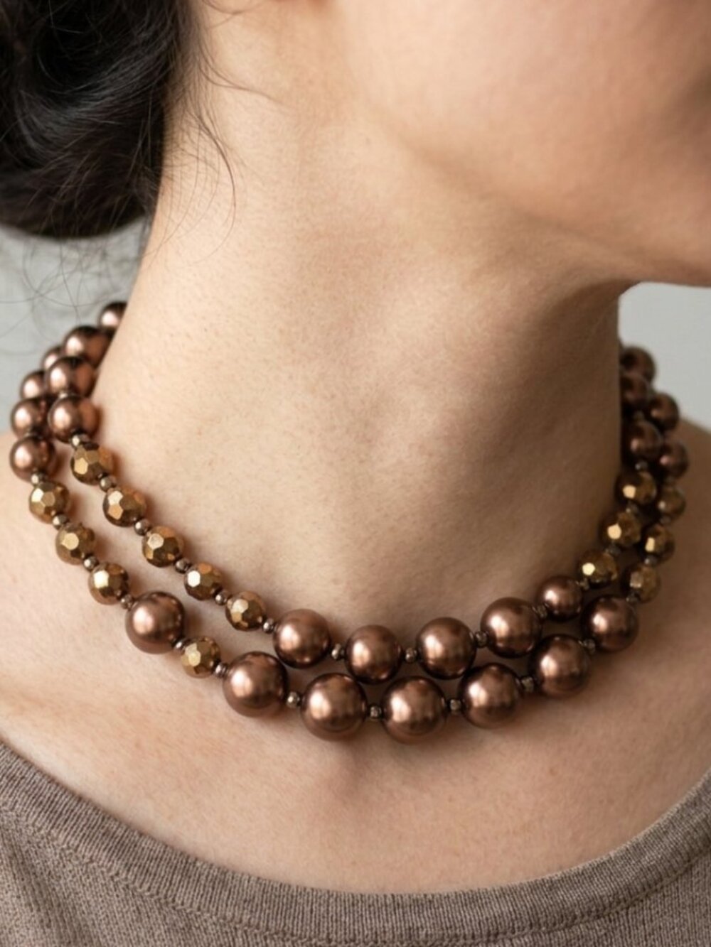 Chico's Style Vintage Bronze Faux Pearl Multi Strand Necklace Faceted Metallic B